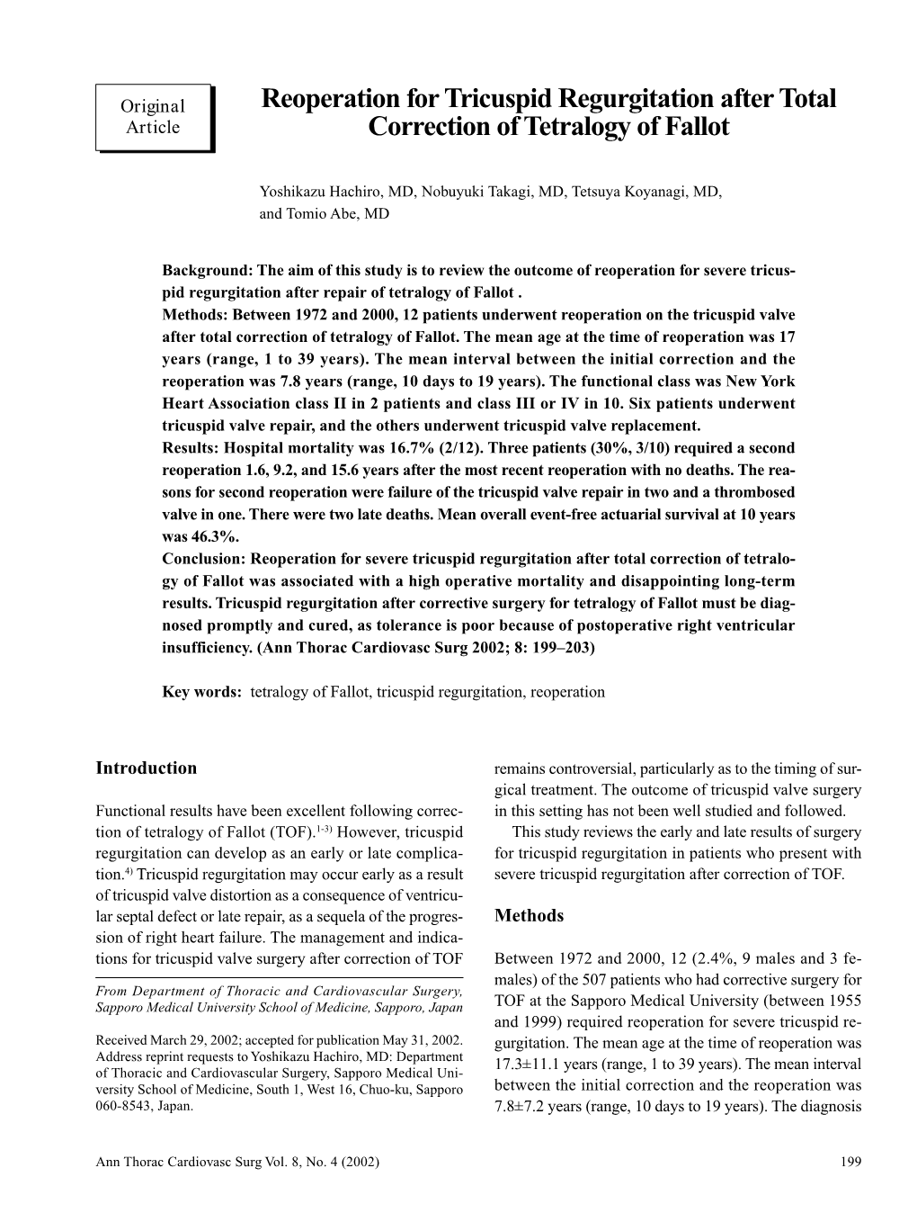 Reoperation for Tricuspid Regurgitation After Total Correction of Tetralogy of Fallot