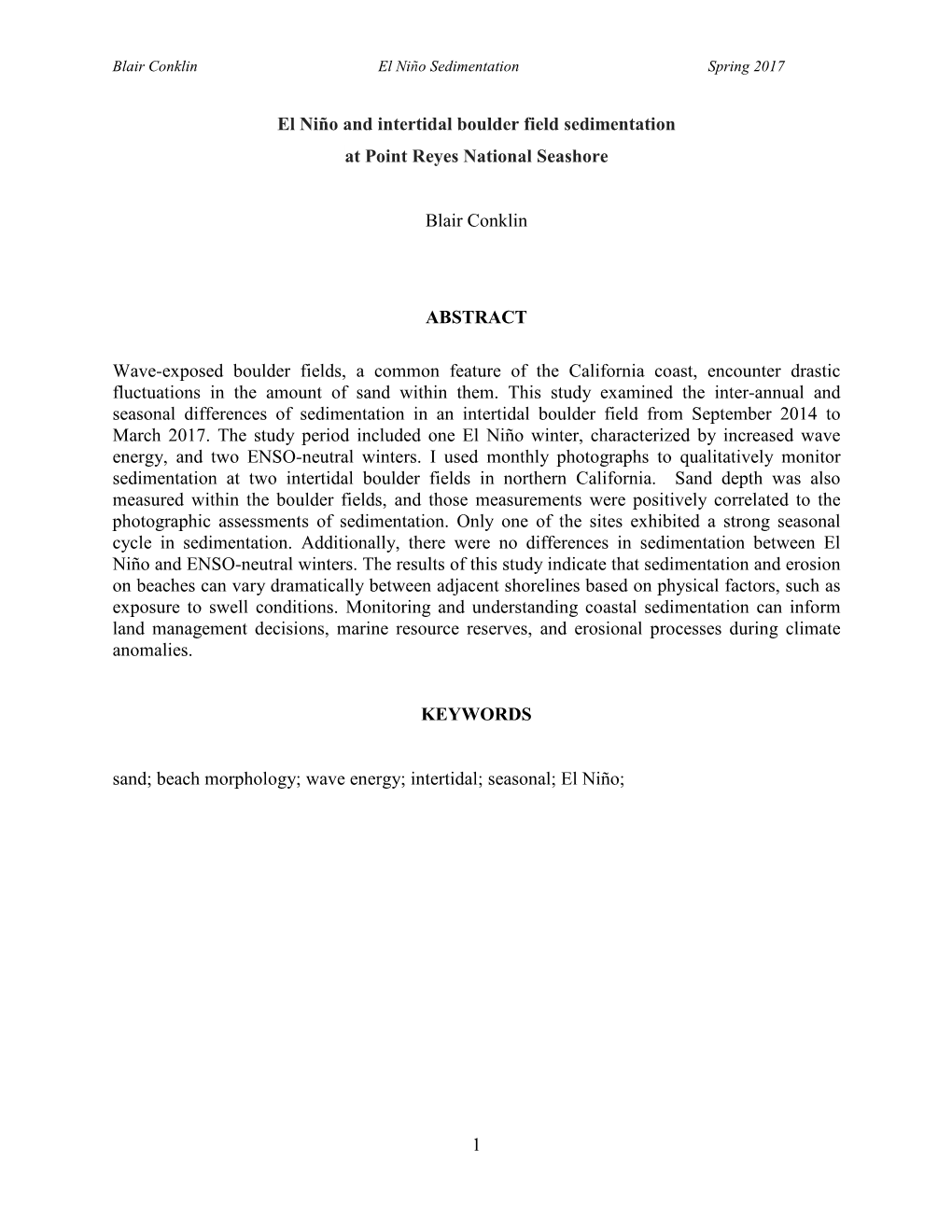 1 El Niño and Intertidal Boulder Field Sedimentation at Point Reyes