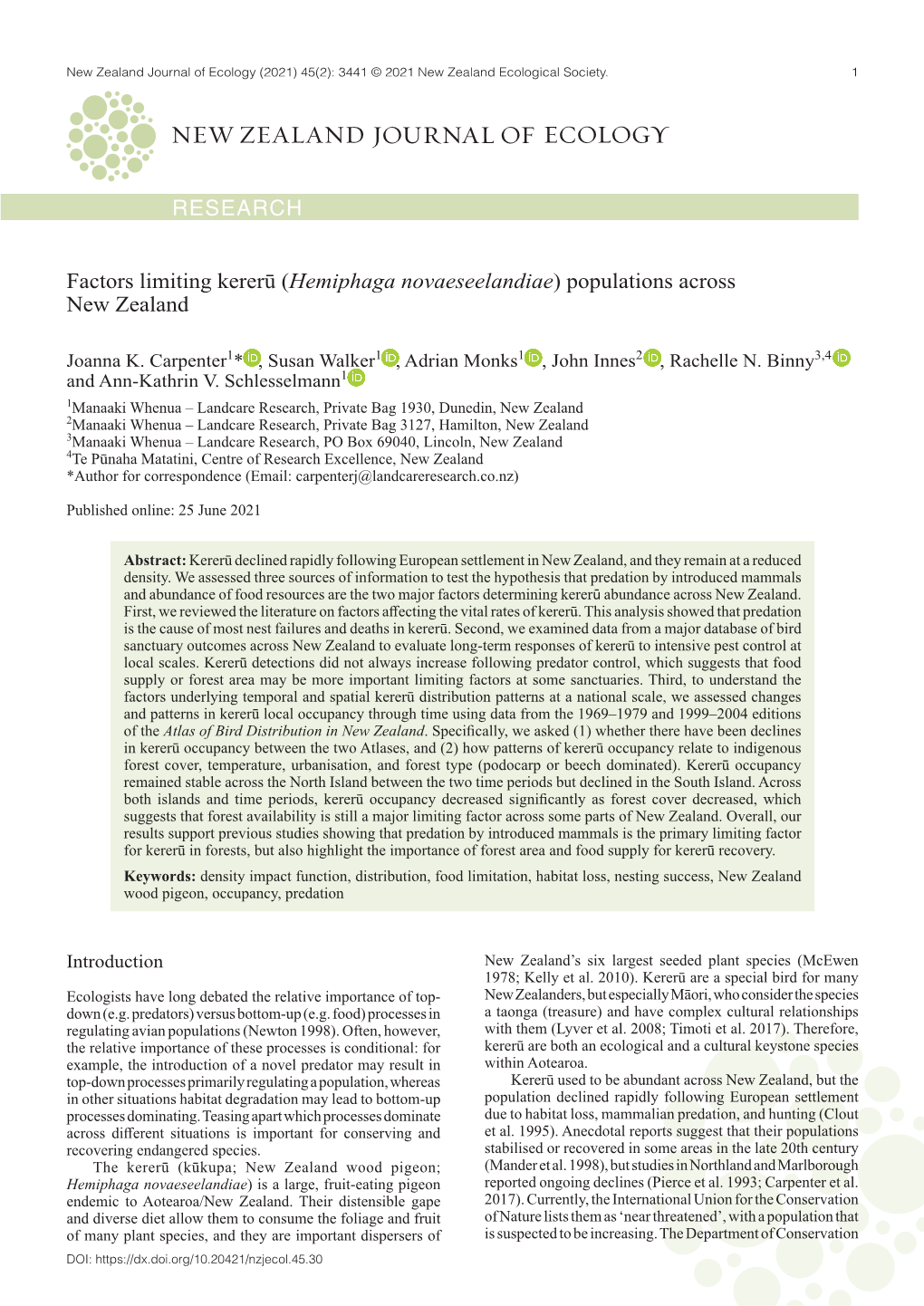 RESEARCH Factors Limiting Kererū (Hemiphaga Novaeseelandiae) Populations Across New Zealand