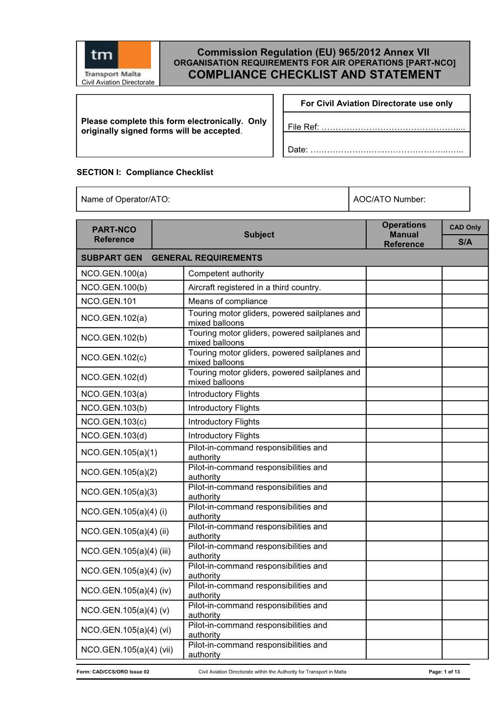 SECTION I: Compliance Checklist