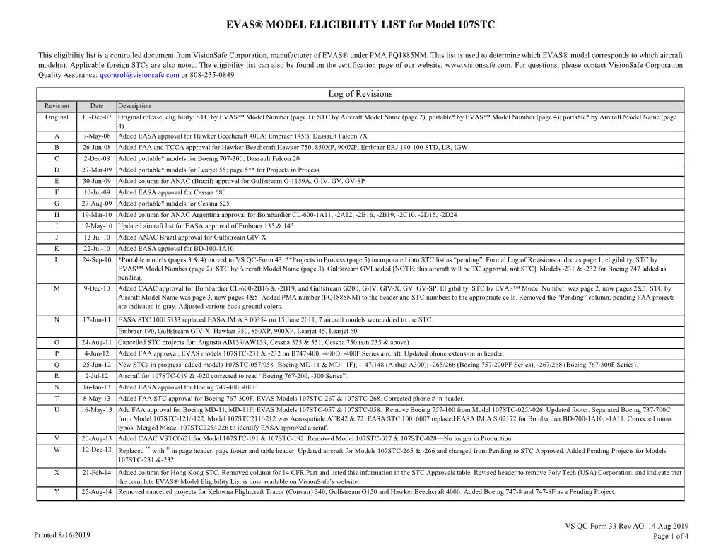 EVAS® MODEL ELIGIBILITY LIST for Model 107STC