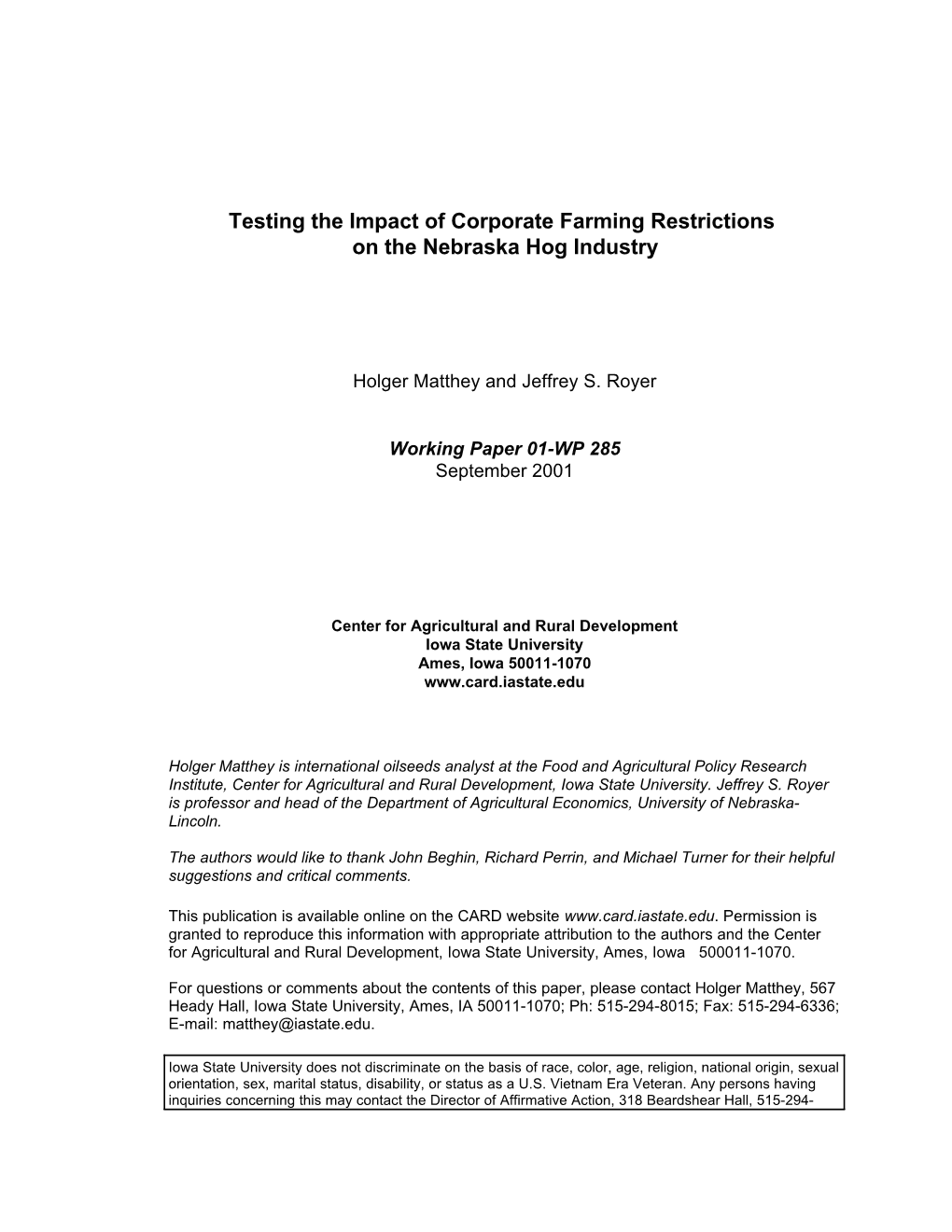 Testing the Impact of Corporate Farming Restrictions on the Nebraska Hog Industry