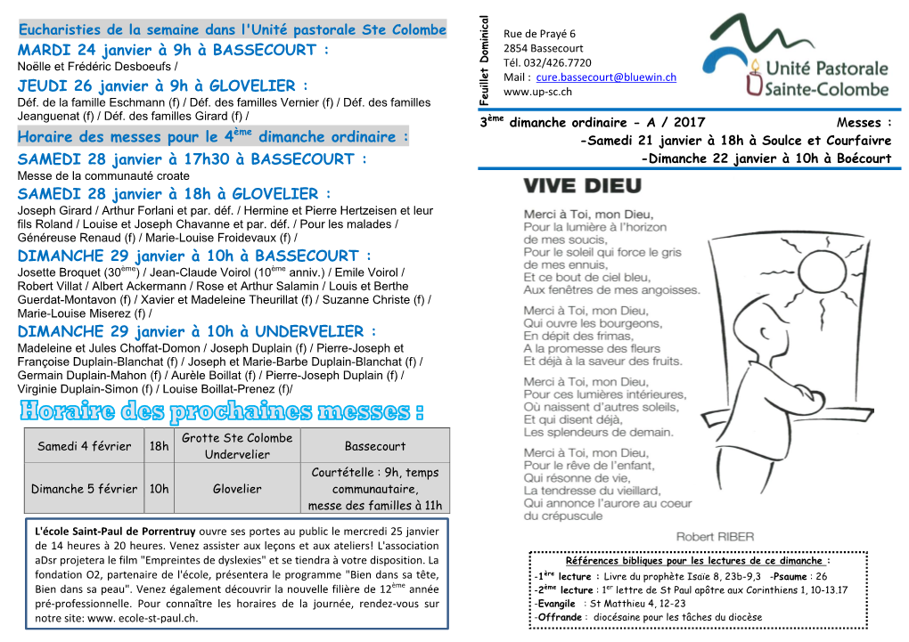 Eucharisties De La Semaine Dans L'unité Pastorale Ste Colombe Rue De Prayé 6 MARDI 24 Janvier À 9H À BASSECOURT : 2854 Bassecourt