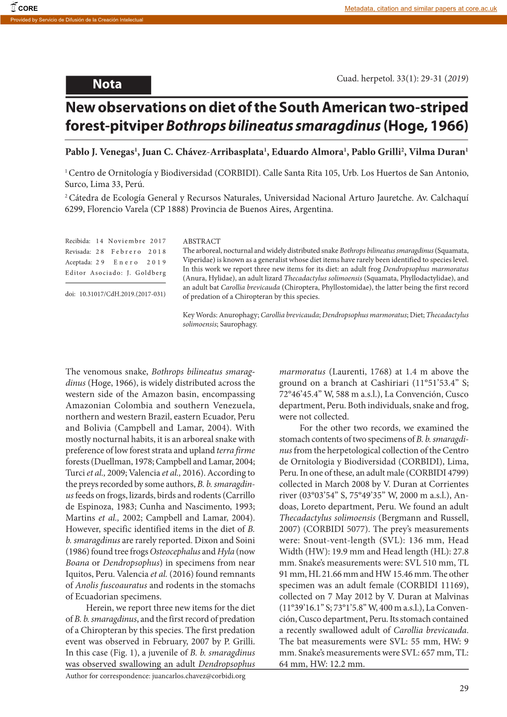 New Observations on Diet of the South American Two-Striped Forest-Pitviper Bothrops Bilineatus Smaragdinus (Hoge, 1966)