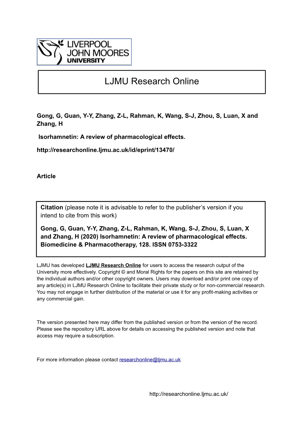 Isorhamnetin a Review of Pharmacological Effects