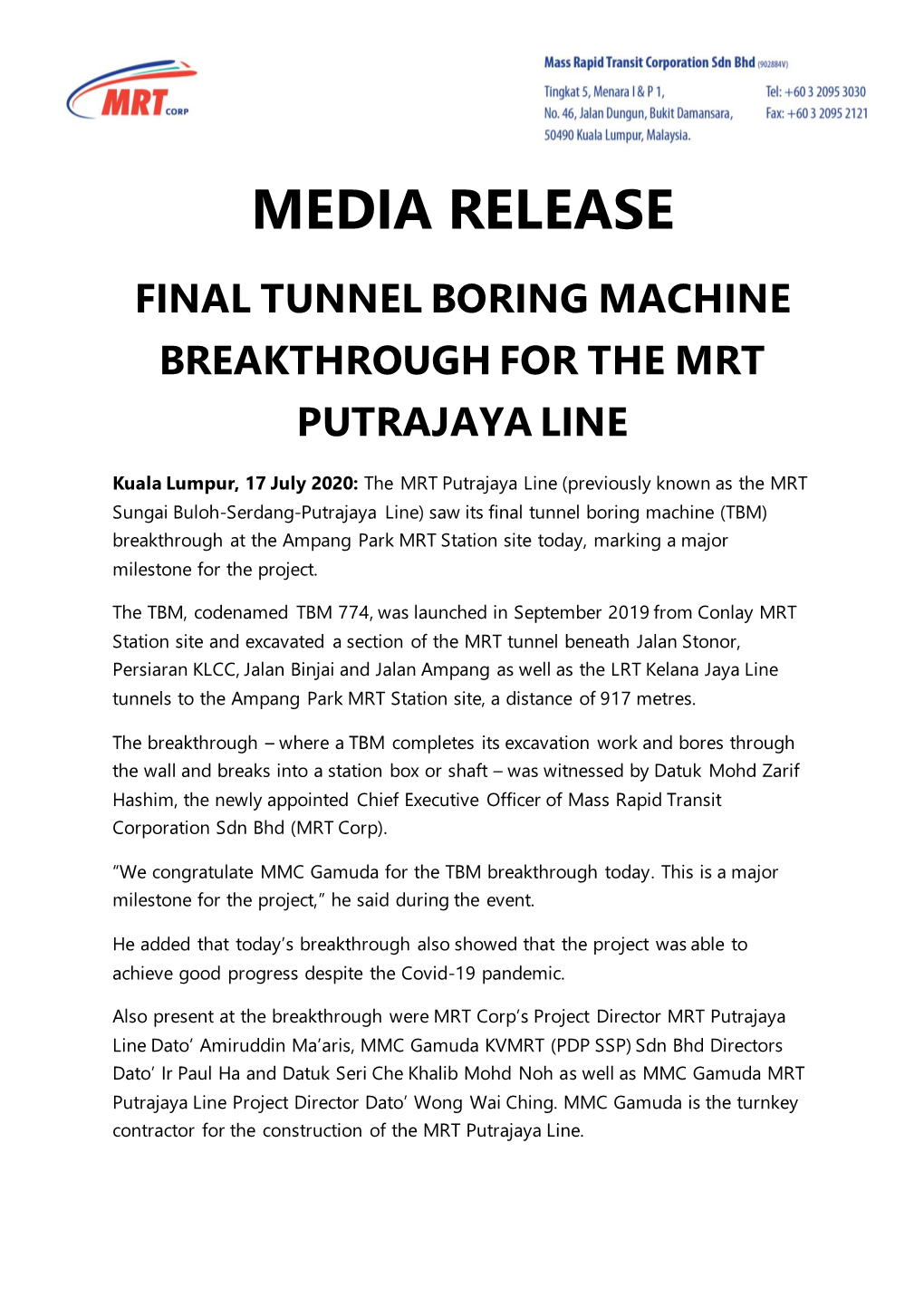 Media Release Final Tunnel Boring Machine Breakthrough for the Mrt Putrajaya Line