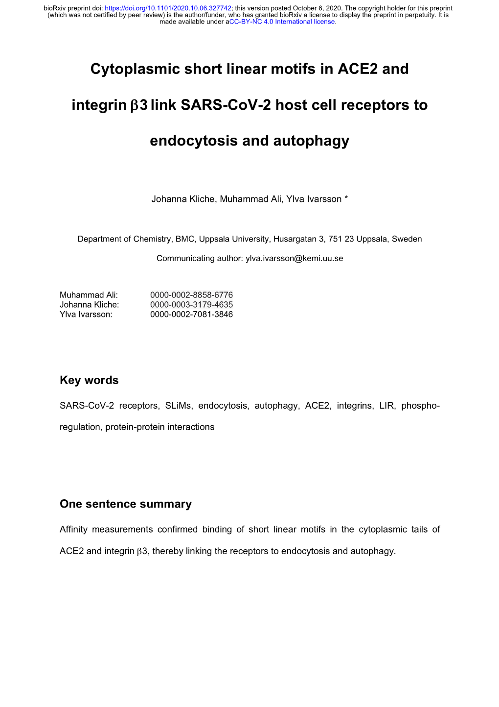 Cytoplasmic Short Linear Motifs in ACE2 and Integrin Β3 Link SARS