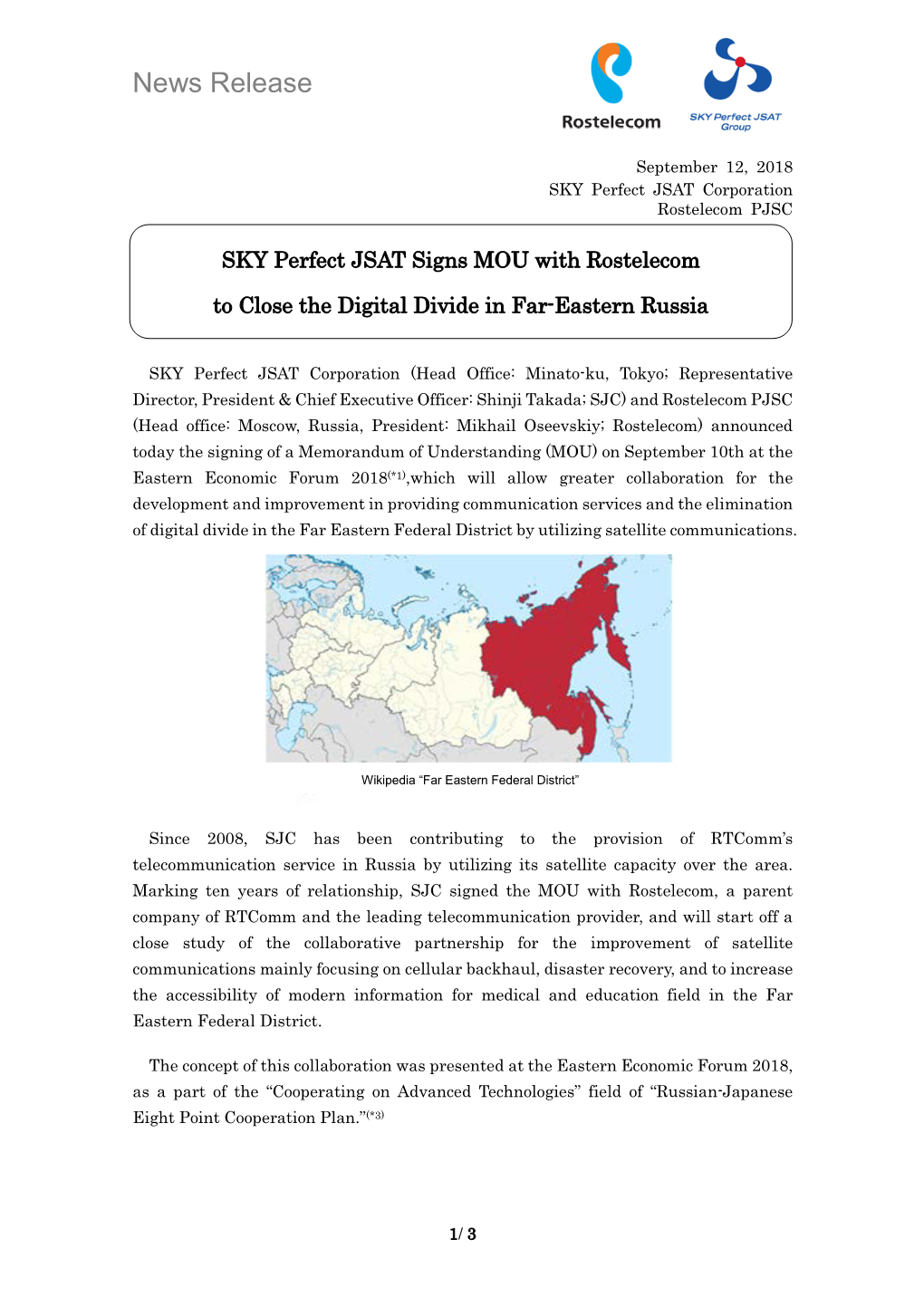 SKY Perfect JSAT Signs MOU with Rostelecom to Close the Digital Divide in Far-Eastern Russia