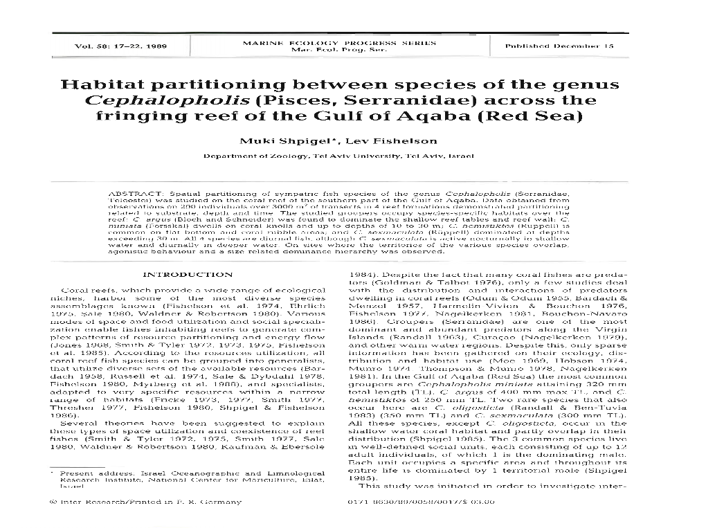 Habitat Partitioning Between Species of the Genus Cephalopholis (Pisces, Serranidae) Across the Fringing Reef of the Gulf of Aqaba (Red Sea)