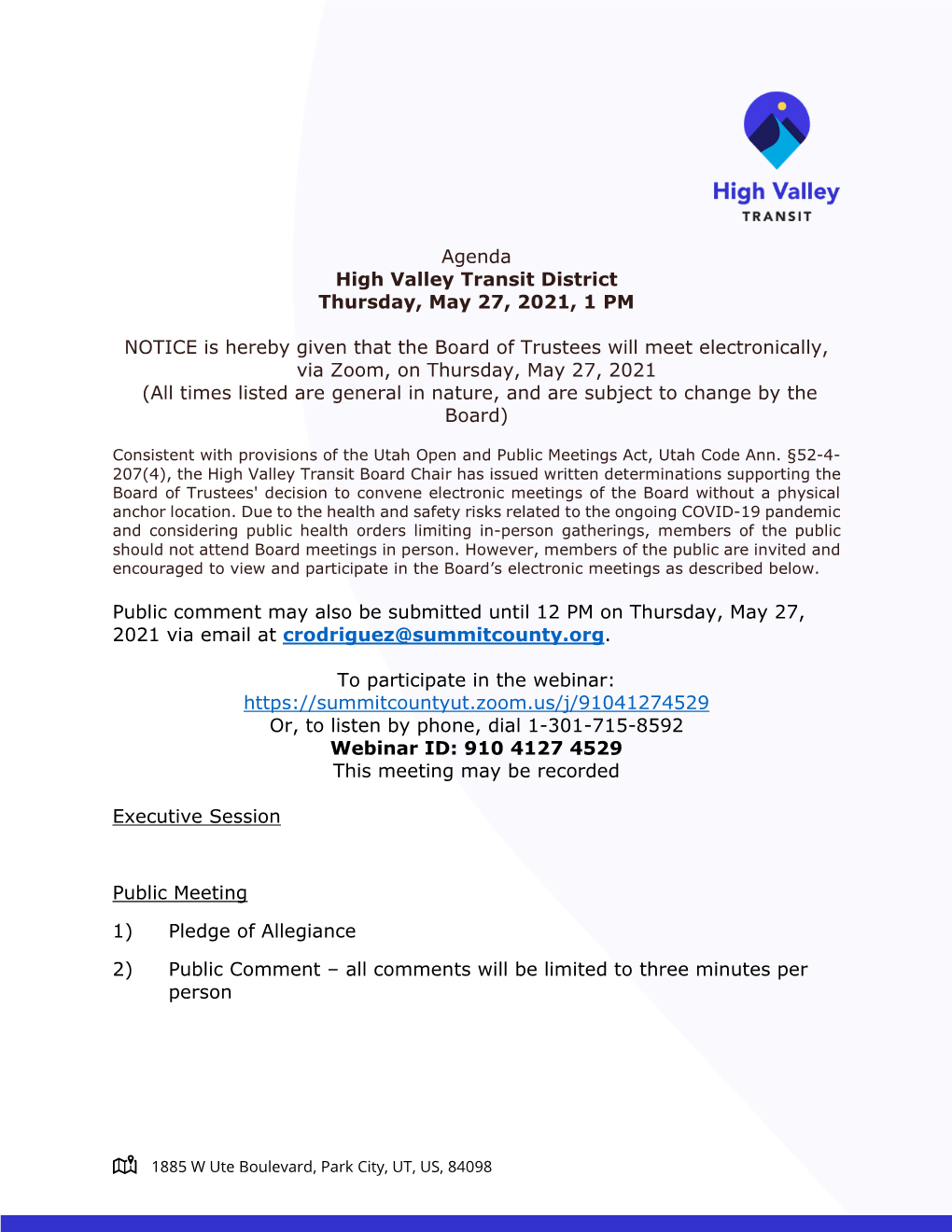 Agenda High Valley Transit District Thursday, May 27, 2021, 1 PM