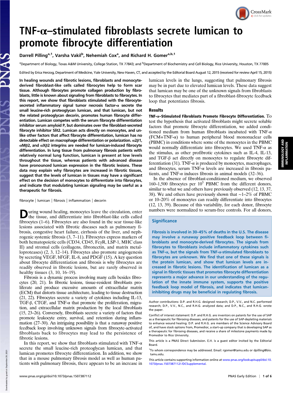 TNF-Α–Stimulated Fibroblasts Secrete Lumican to Promote Fibrocyte Differentiation