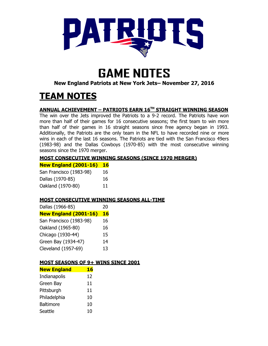 Patriots at Philadelphia Game Notes