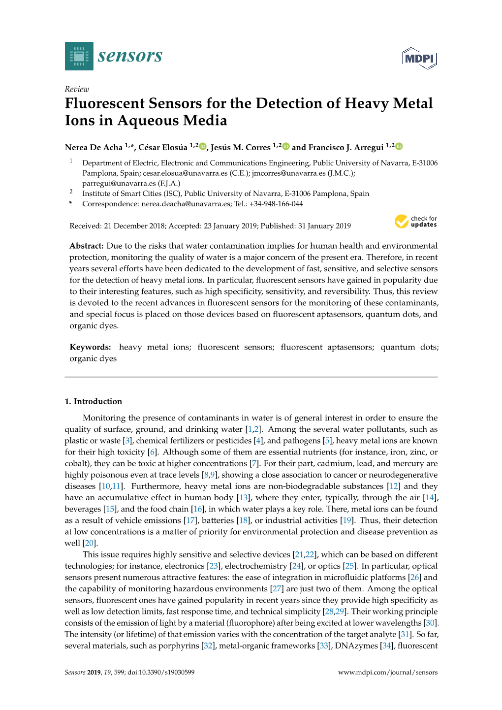 Fluorescent Sensors for the Detection of Heavy Metal Ions in Aqueous Media