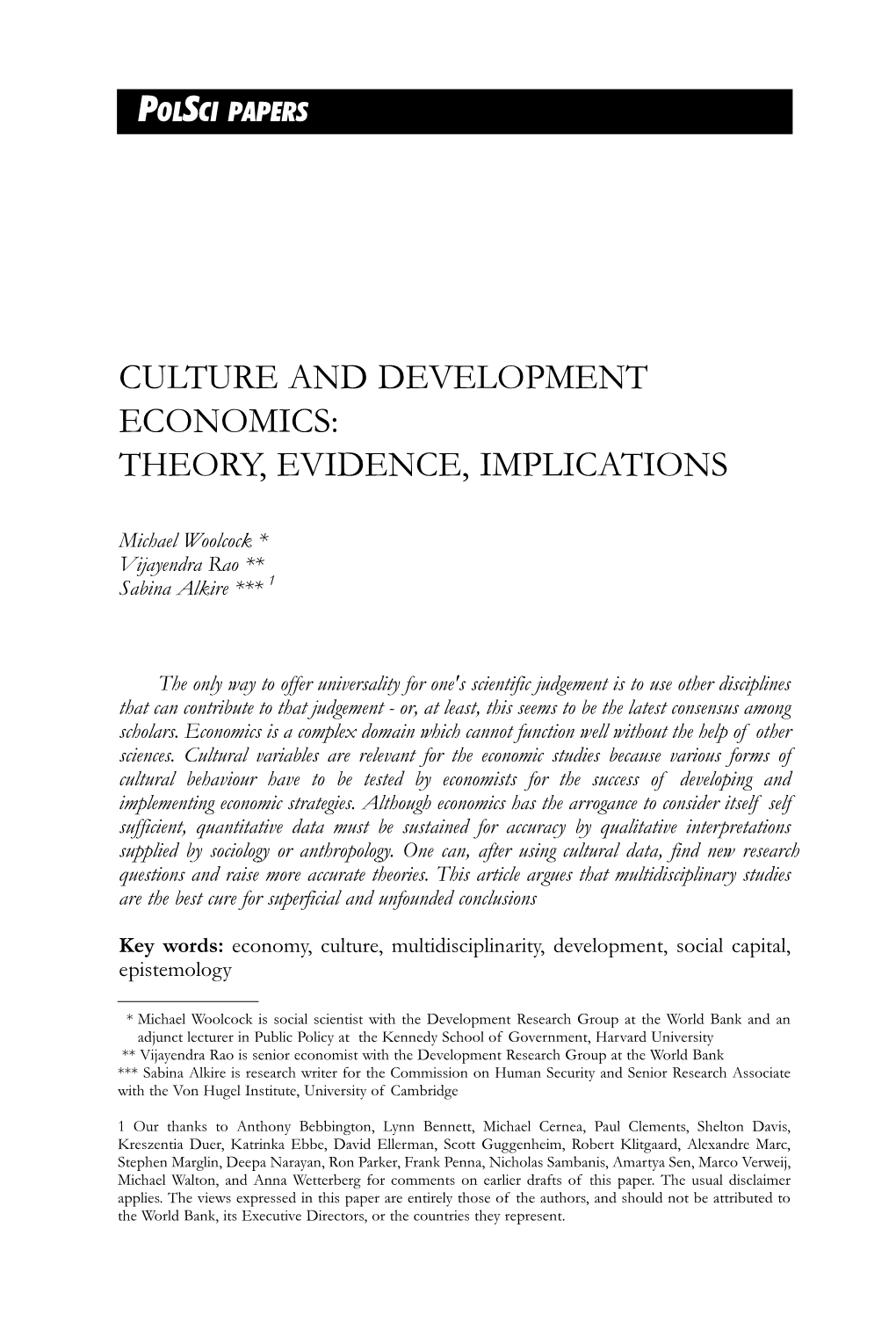 Culture and Development Economics: Theory, Evidence, Implications