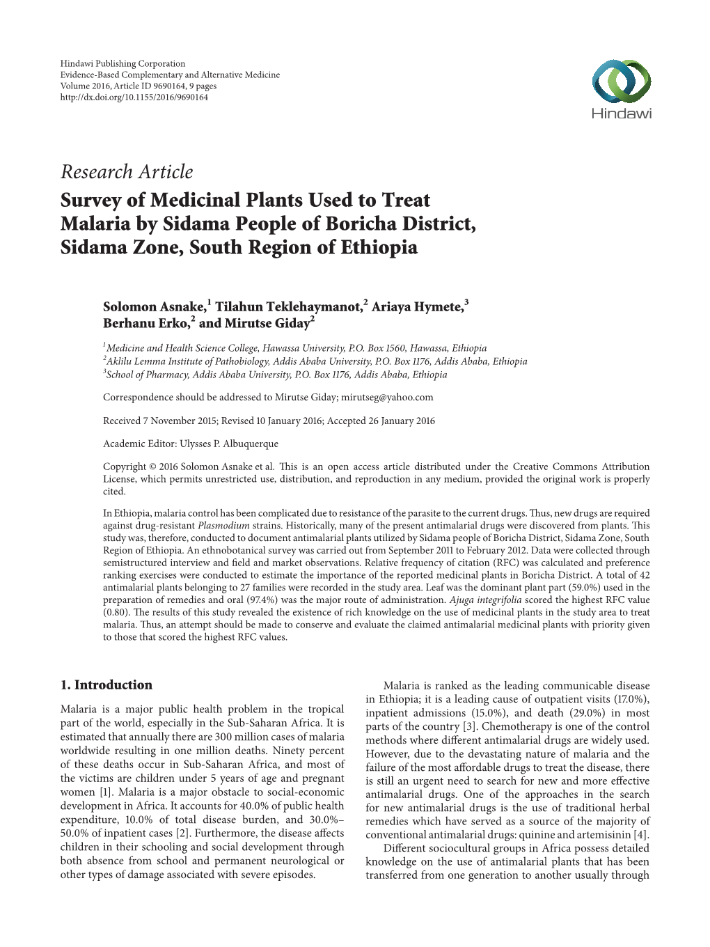 Survey of Medicinal Plants Used to Treat Malaria by Sidama People of Boricha District, Sidama Zone, South Region of Ethiopia