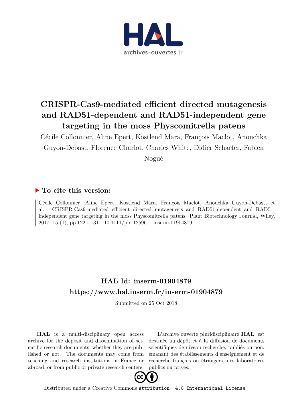 CRISPR-Cas9-Mediated Efficient Directed Mutagenesis and RAD51