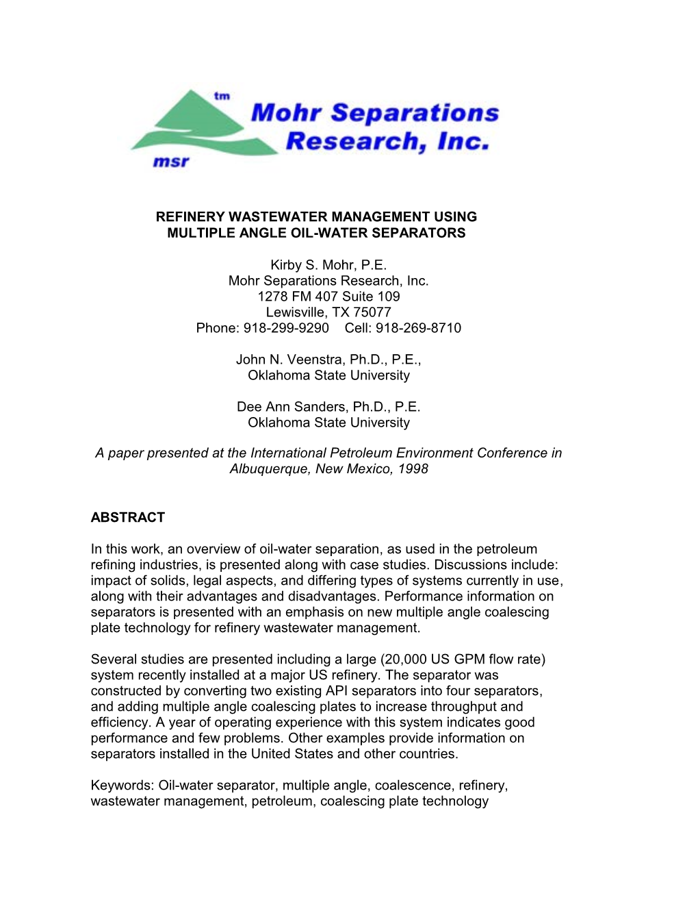 Refinery Wastewater Management Using Multiple Angle Oil-Water Separators