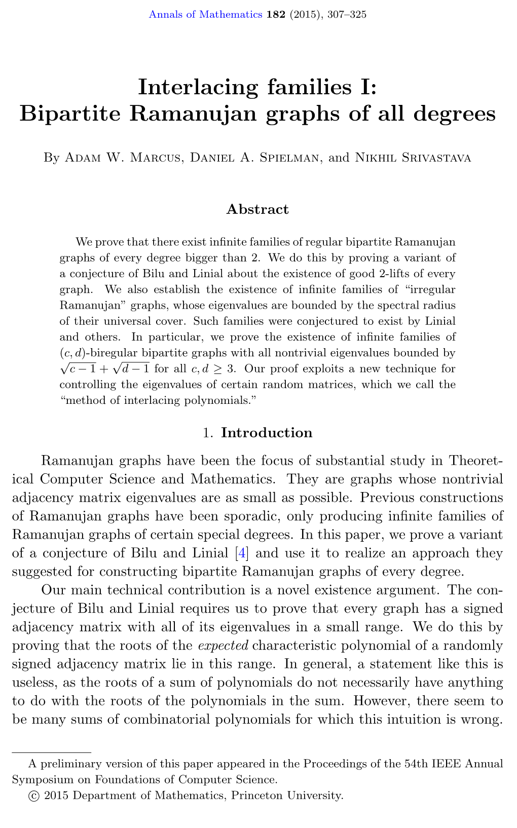 Interlacing Families I: Bipartite Ramanujan Graphs of All Degrees