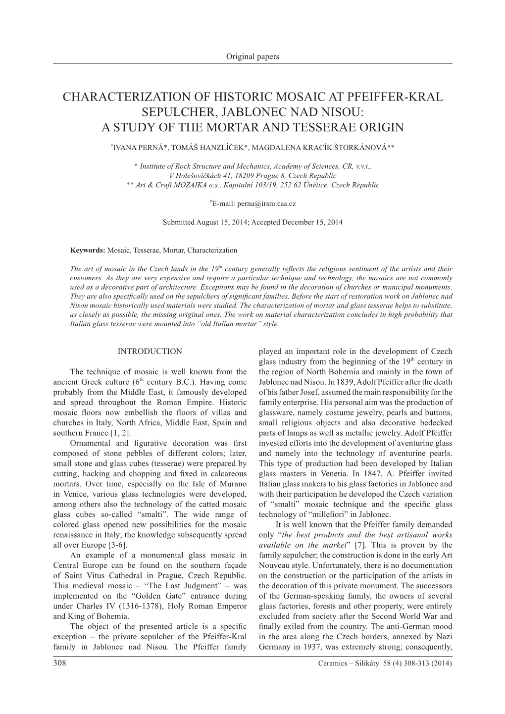 Characterization of Historic Mosaic at Pfeiffer-Kral Sepulcher, Jablonec Nad Nisou: a Study of the Mortar and Tesserae Origin