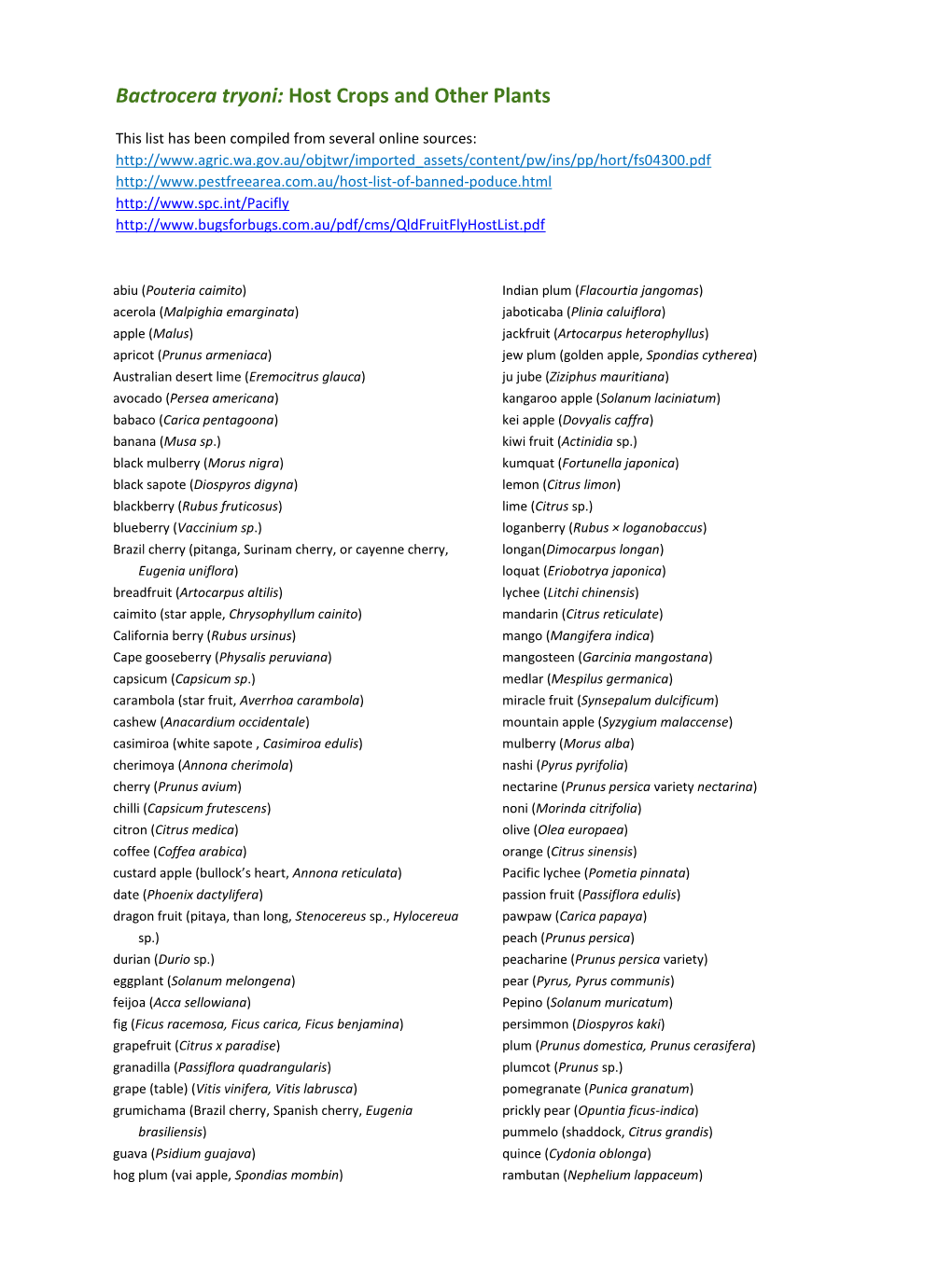 Bactrocera Tryoni: Host Crops and Other Plants