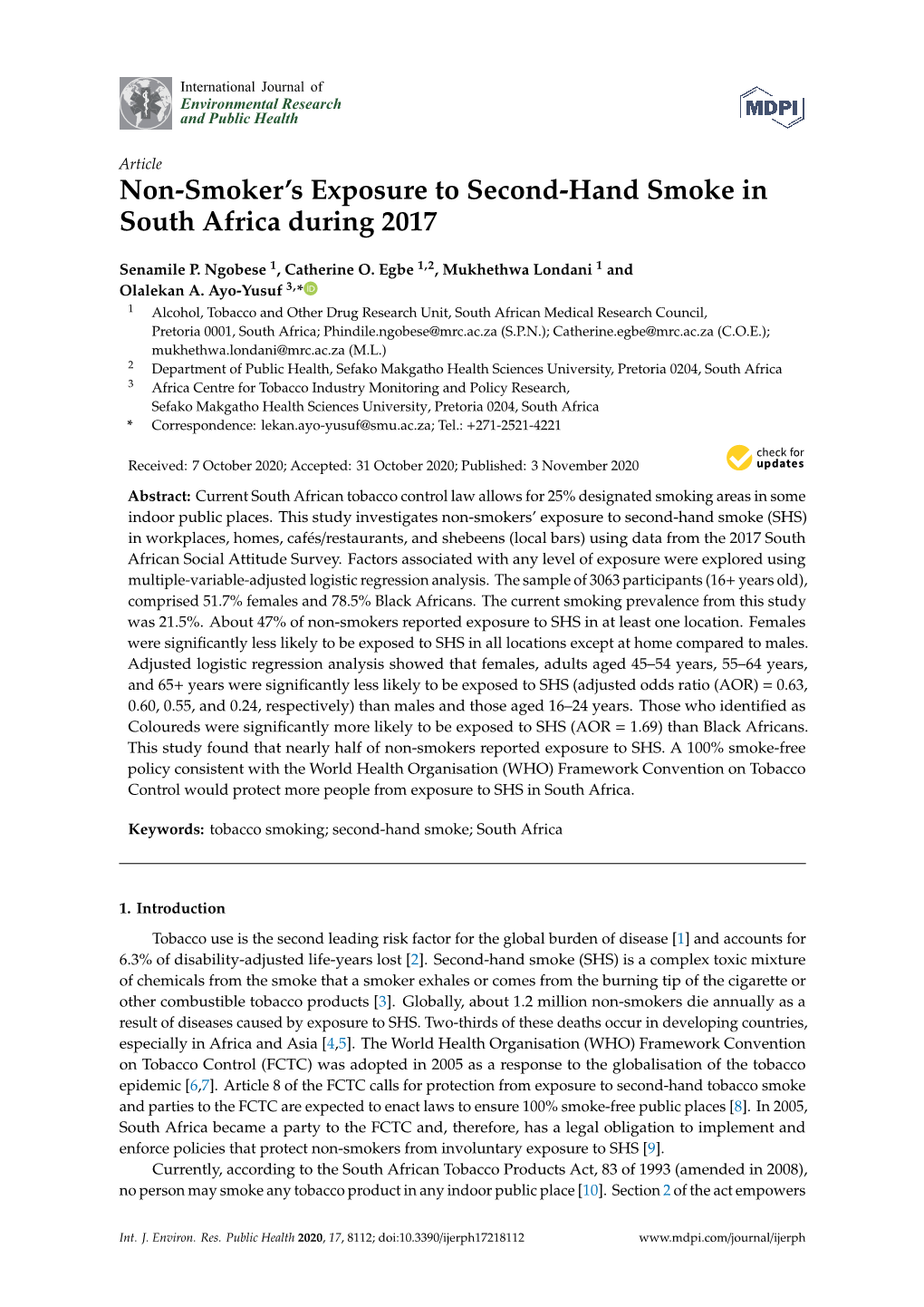 Non-Smoker's Exposure to Second-Hand Smoke in South