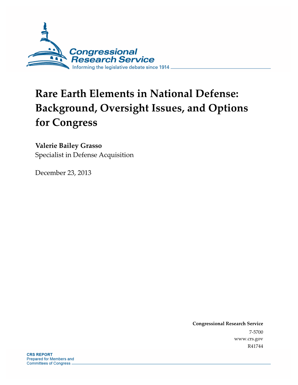 Rare Earth Elements in National Defense: Background, Oversight Issues, and Options for Congress