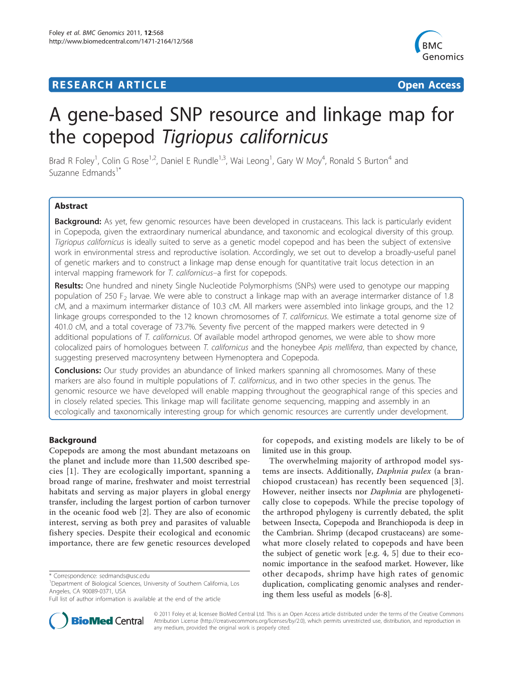 A Gene-Based SNP Resource and Linkage Map for the Copepod