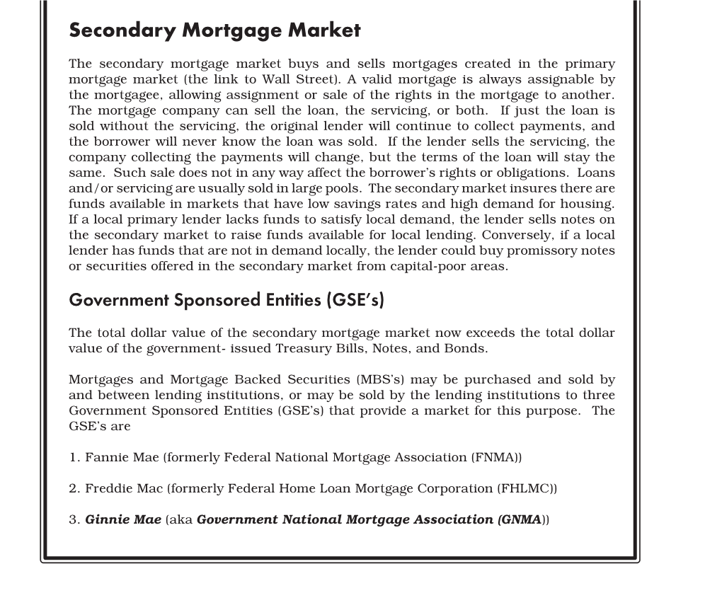 Secondary Mortgage Market