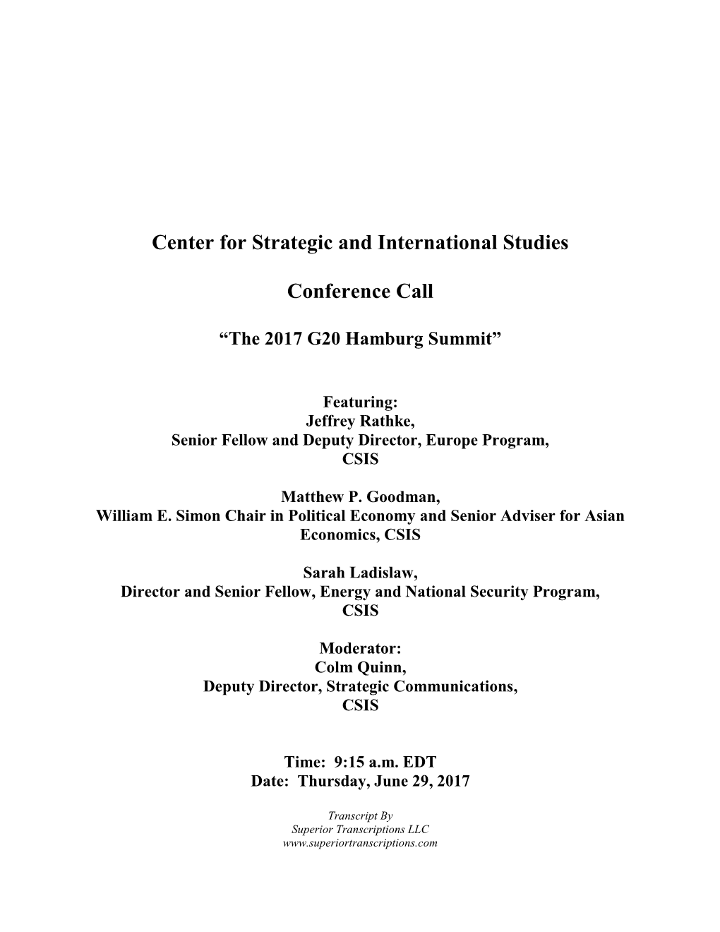 Center for Strategic and International Studies Conference Call