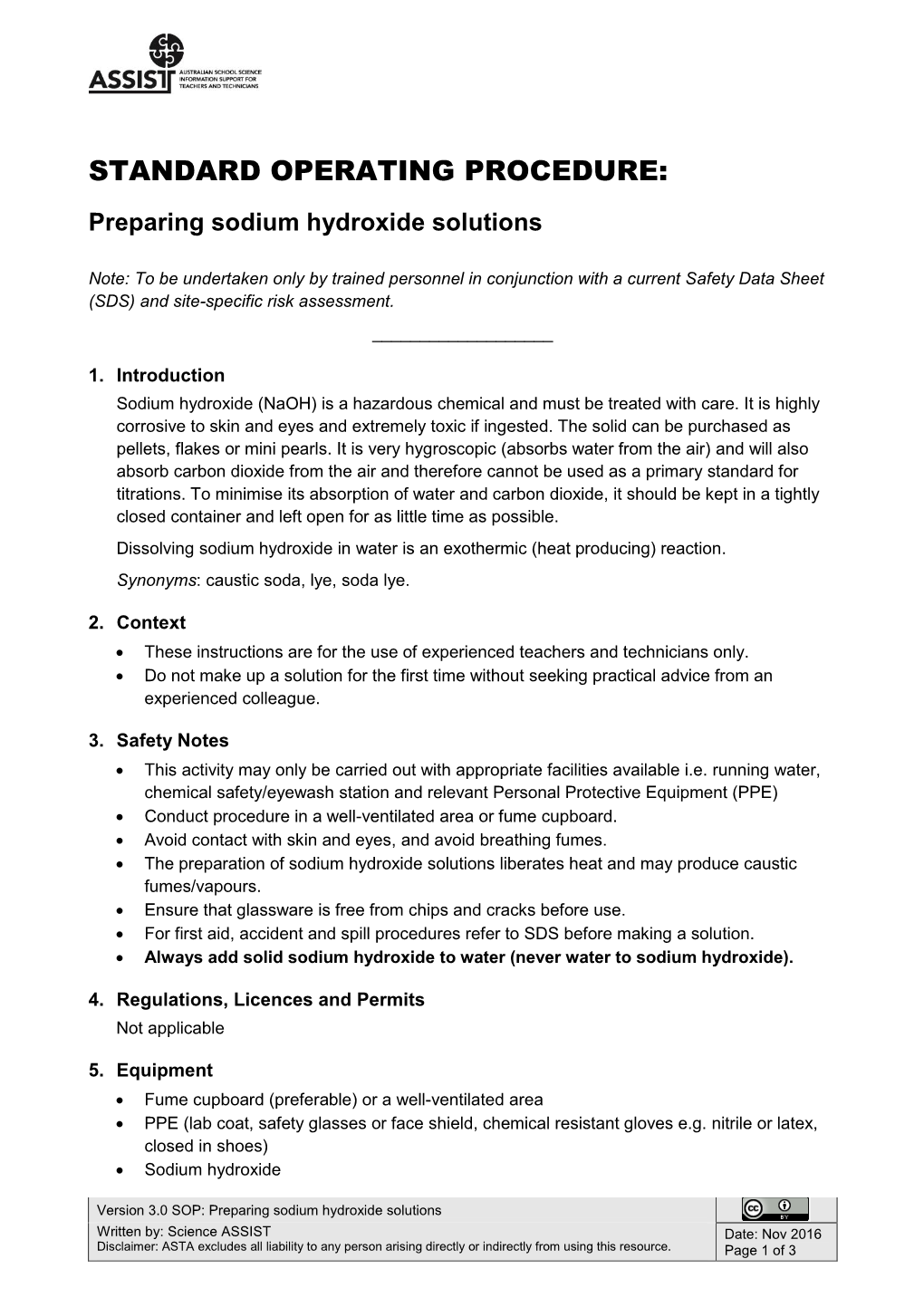 Preparing Sodium Hydroxide Solutions Nov 2016