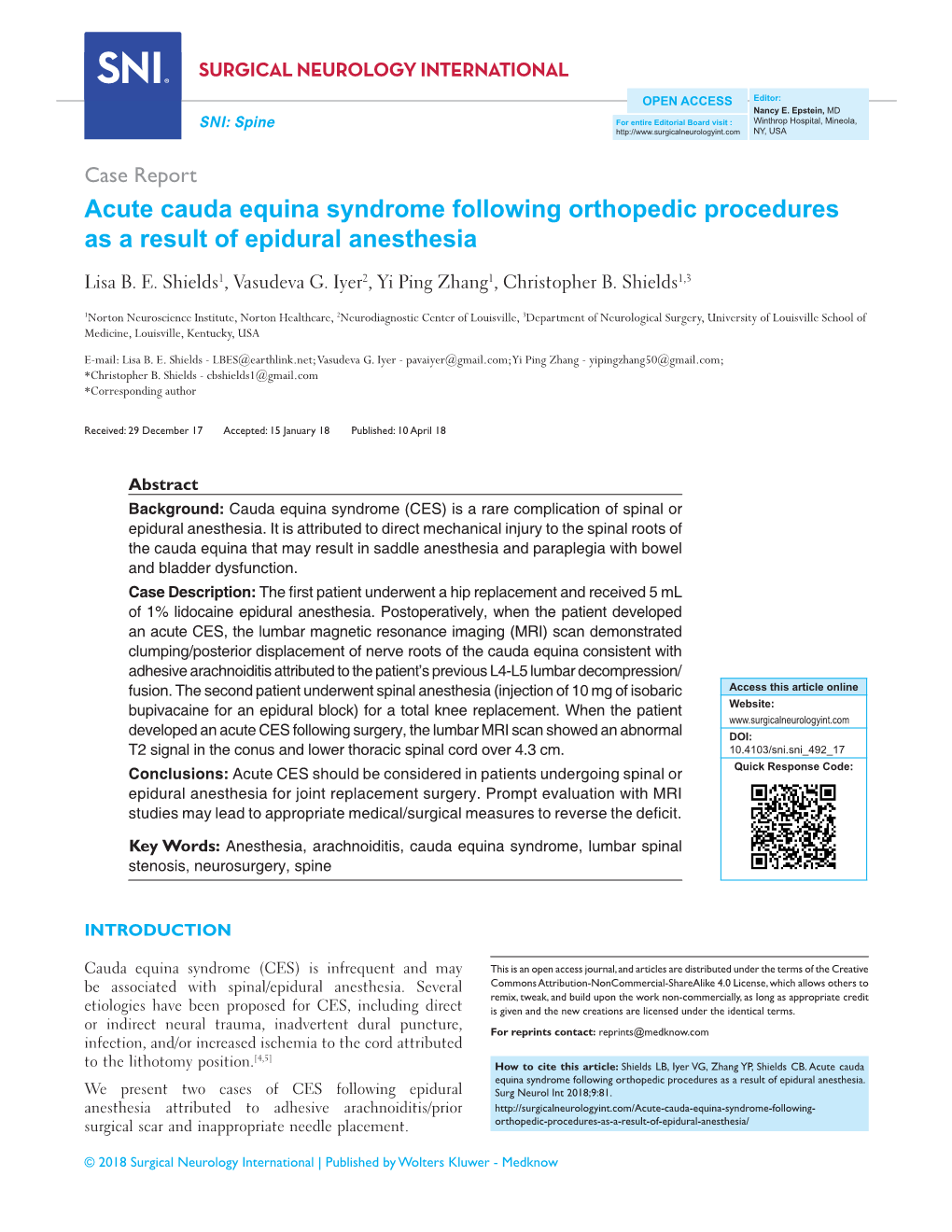 Acute Cauda Equina Syndrome Following Orthopedic Procedures As a Result of Epidural Anesthesia Lisa B