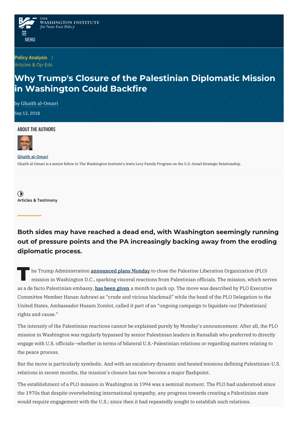Why Trump's Closure of the Palestinian Diplomatic Mission in Washington Could Backfire by Ghaith Al-Omari