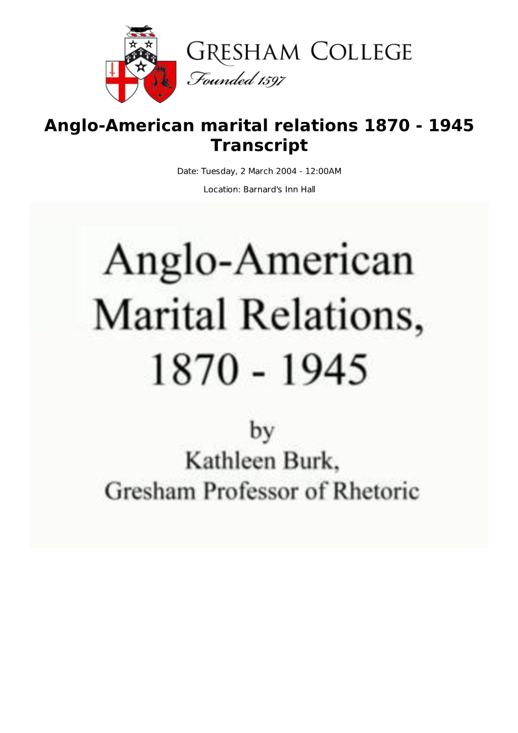 Anglo-American Marital Relations 1870 - 1945 Transcript