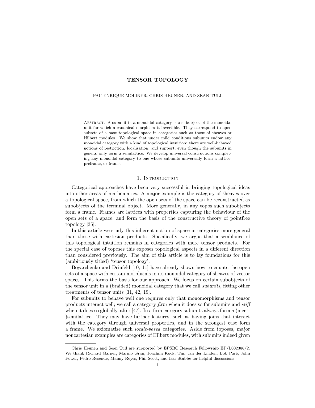 TENSOR TOPOLOGY 1. Introduction Categorical Approaches Have Been Very Successful in Bringing Topological Ideas Into Other Areas