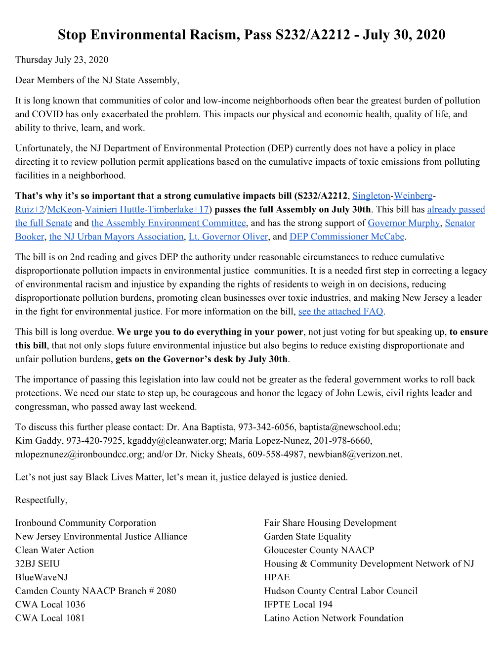 Stop Environmental Racism, Pass S232/A2212 - July 30, 2020