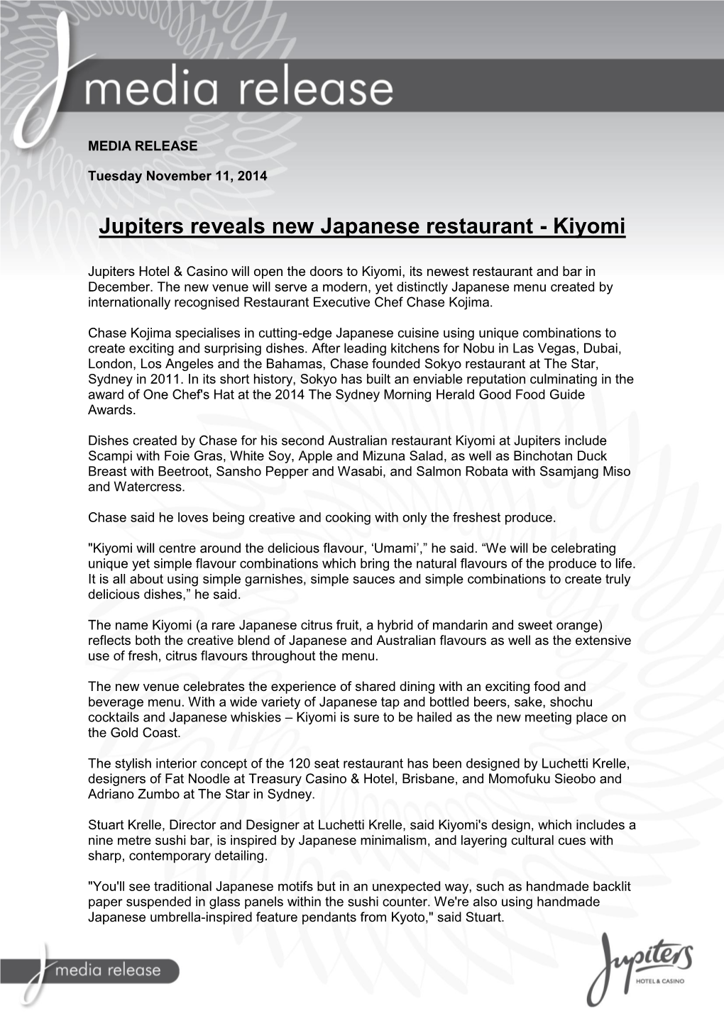 Jupiters Reveals New Japanese Restaurant - Kiyomi