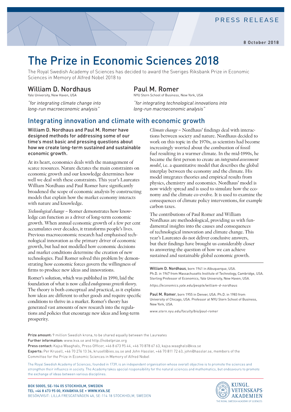 The 2018 Prize in Economic Sciences