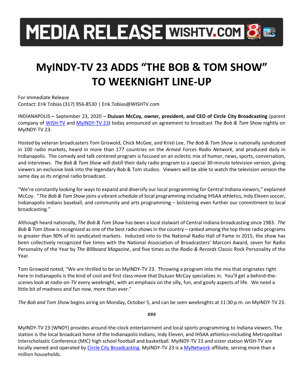 Myindy-TV 23 ADDS “THE BOB & TOM SHOW” to WEEKNIGHT LINE-UP