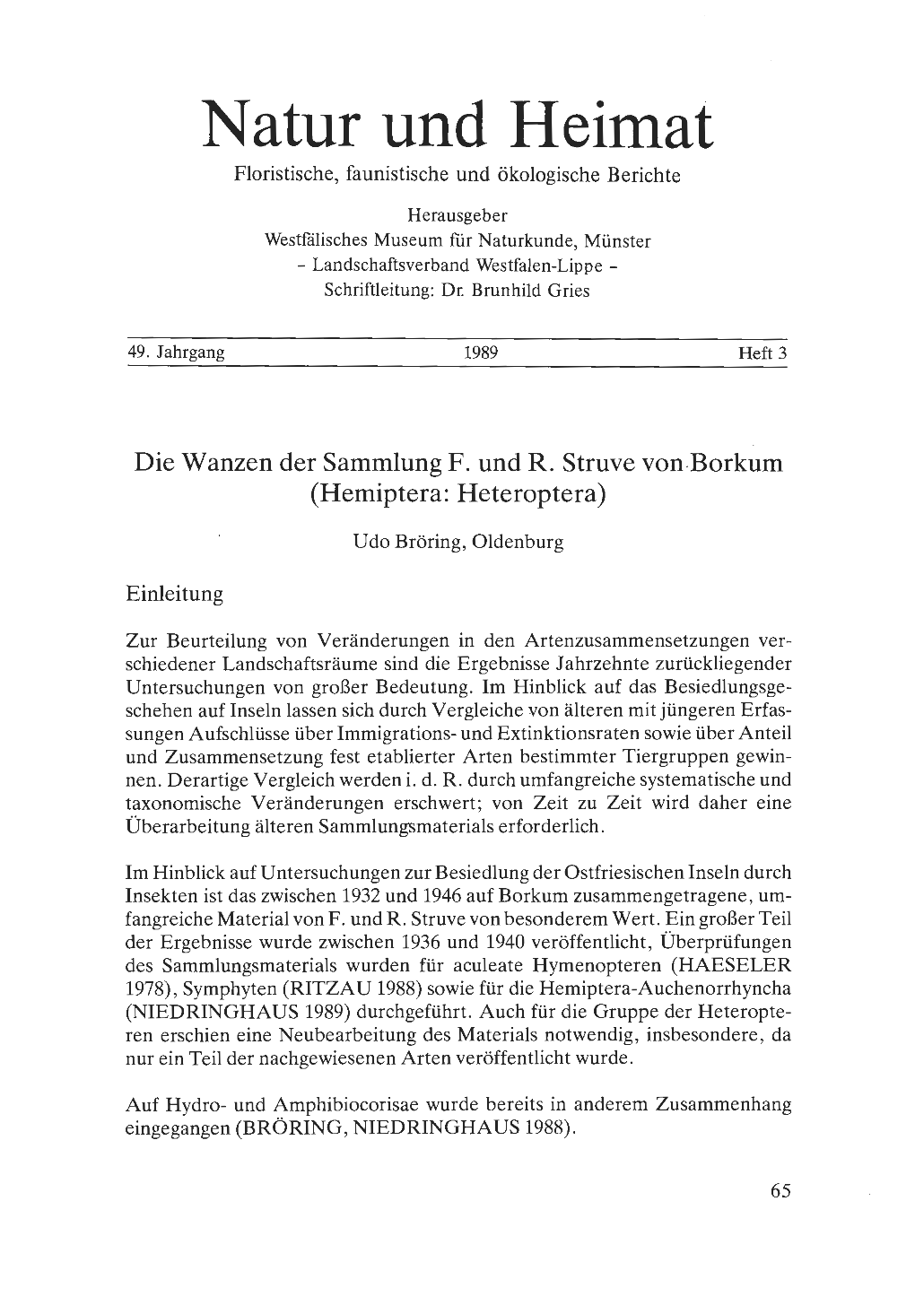 Natur Und Heimat Floristische, Faunistische Und Ökologische Berichte