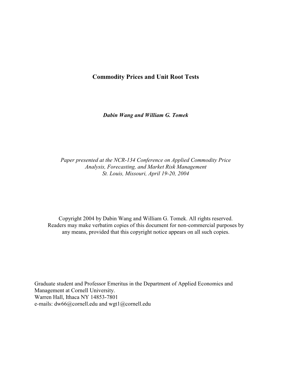 Commodity Prices and Unit Root Tests