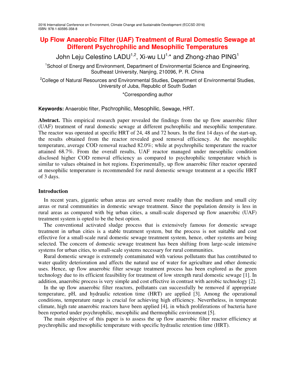 Up Flow Anaerobic Filter (UAF) Treatment of Rural Domestic Sewage at Different Psychrophilic and Mesophilic Temperatures