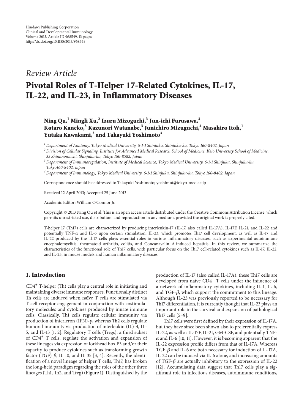 Review Article Pivotal Roles of T-Helper 17-Related Cytokines, IL-17, IL-22, and IL-23, in Inflammatory Diseases