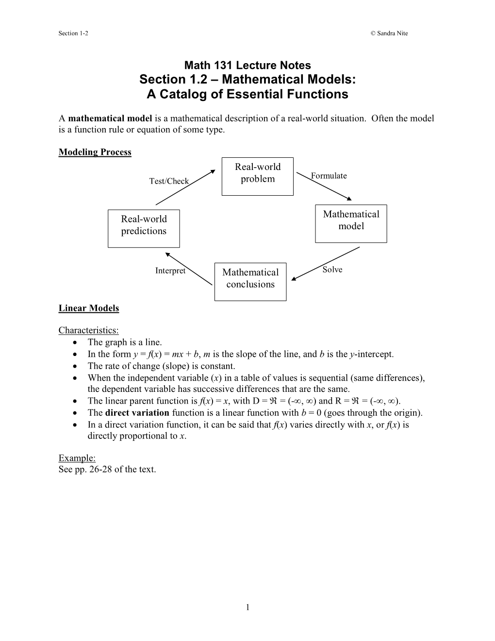 Section 1.2 – Mathematical Models: a Catalog of Essential Functions