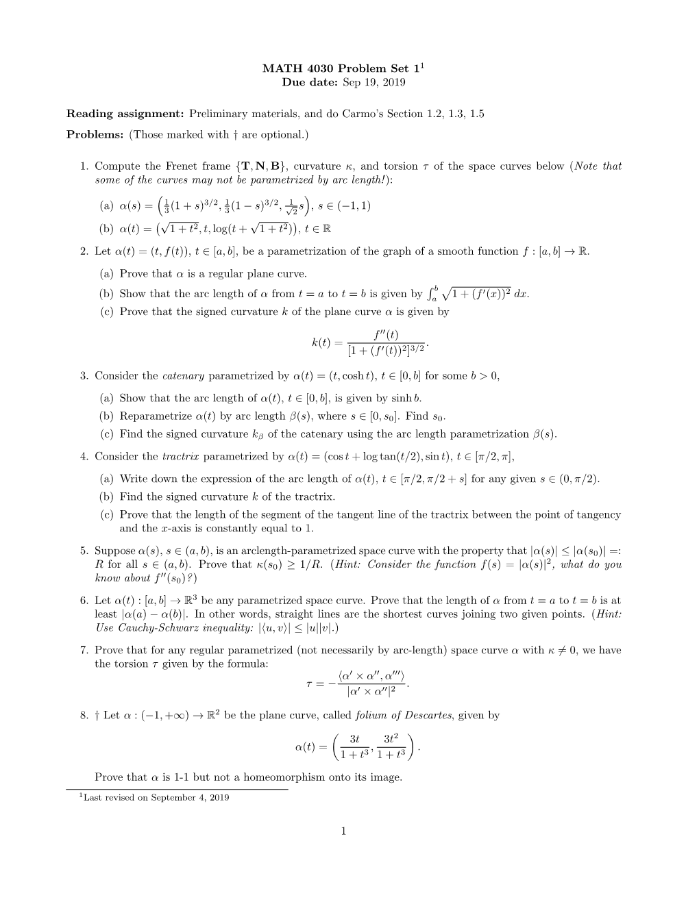 MATH 4030 Problem Set 11 Due Date: Sep 19, 2019 Reading