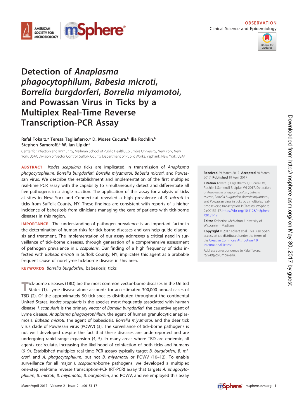 Detection of Anaplasma Phagocytophilum, Babesia Microti, Borrelia Burgdorferi, Borrelia Miyamotoi, and Powassan Virus in Ticks by A