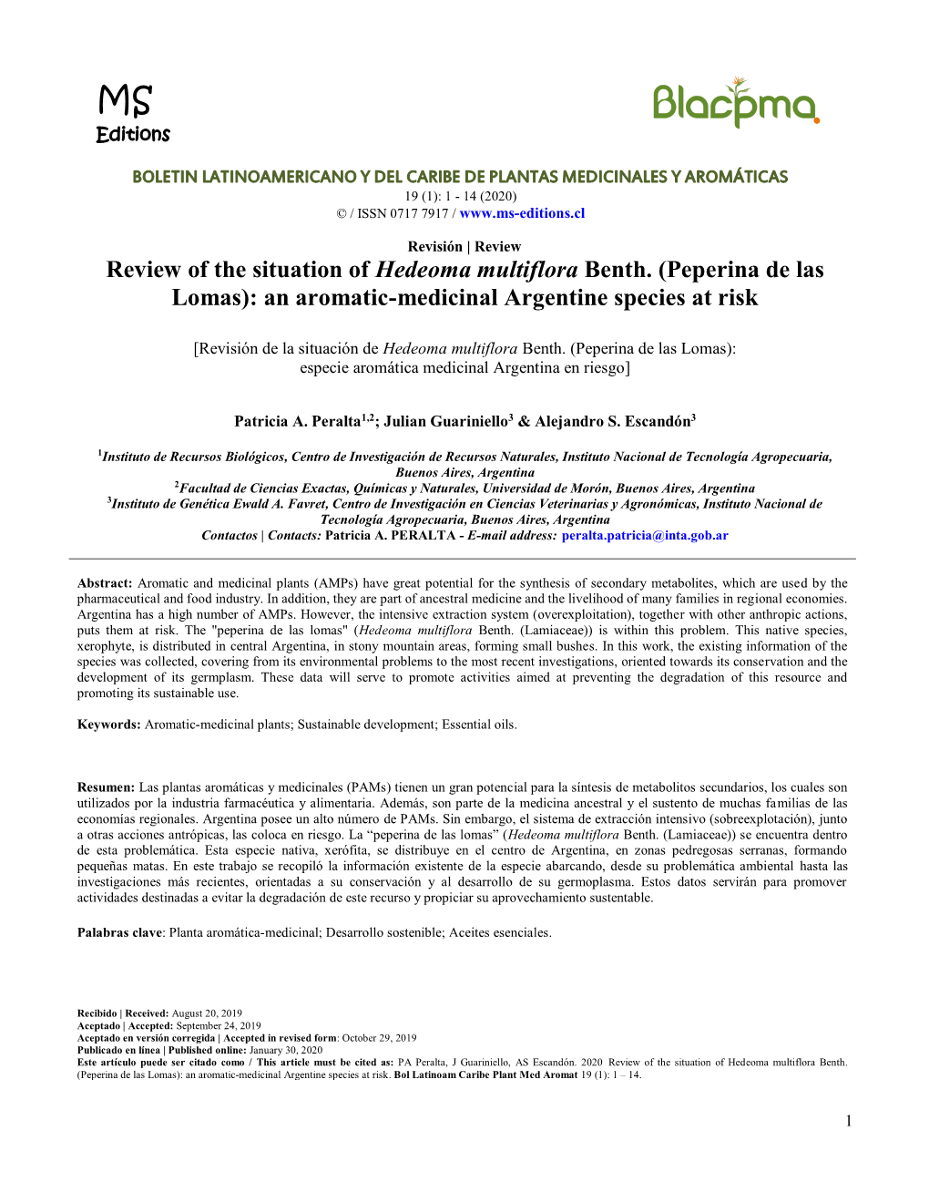 Review of the Situation of Hedeoma Multiflora Benth. (Peperina De Las Lomas): an Aromatic-Medicinal Argentine Species at Risk