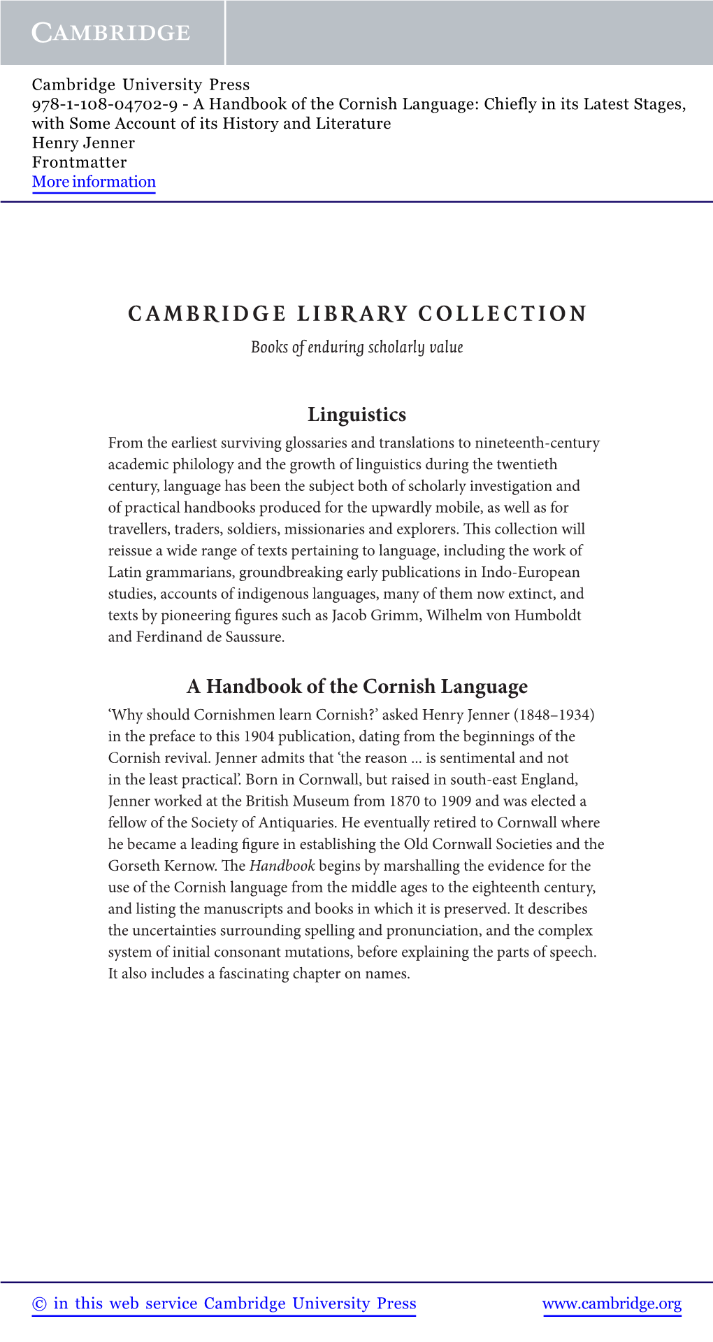 A Handbook of the Cornish Language: Chiefly in Its Latest Stages, with Some Account of Its History and Literature Henry Jenner Frontmatter More Information