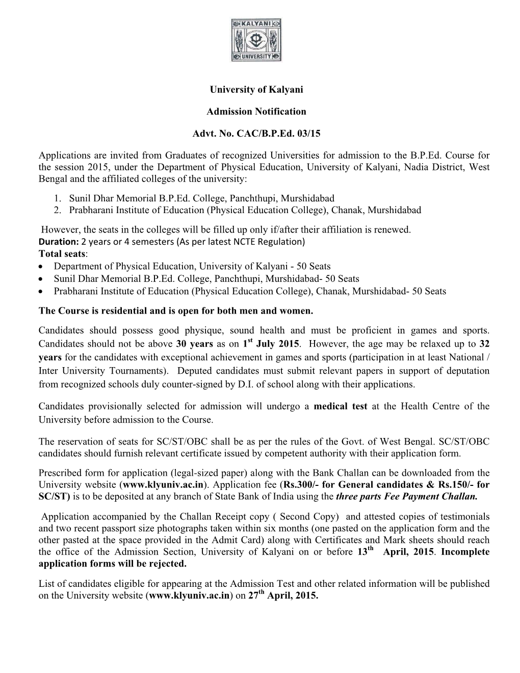 University of Kalyani Admission Notification Advt. No. CAC/B.P.Ed