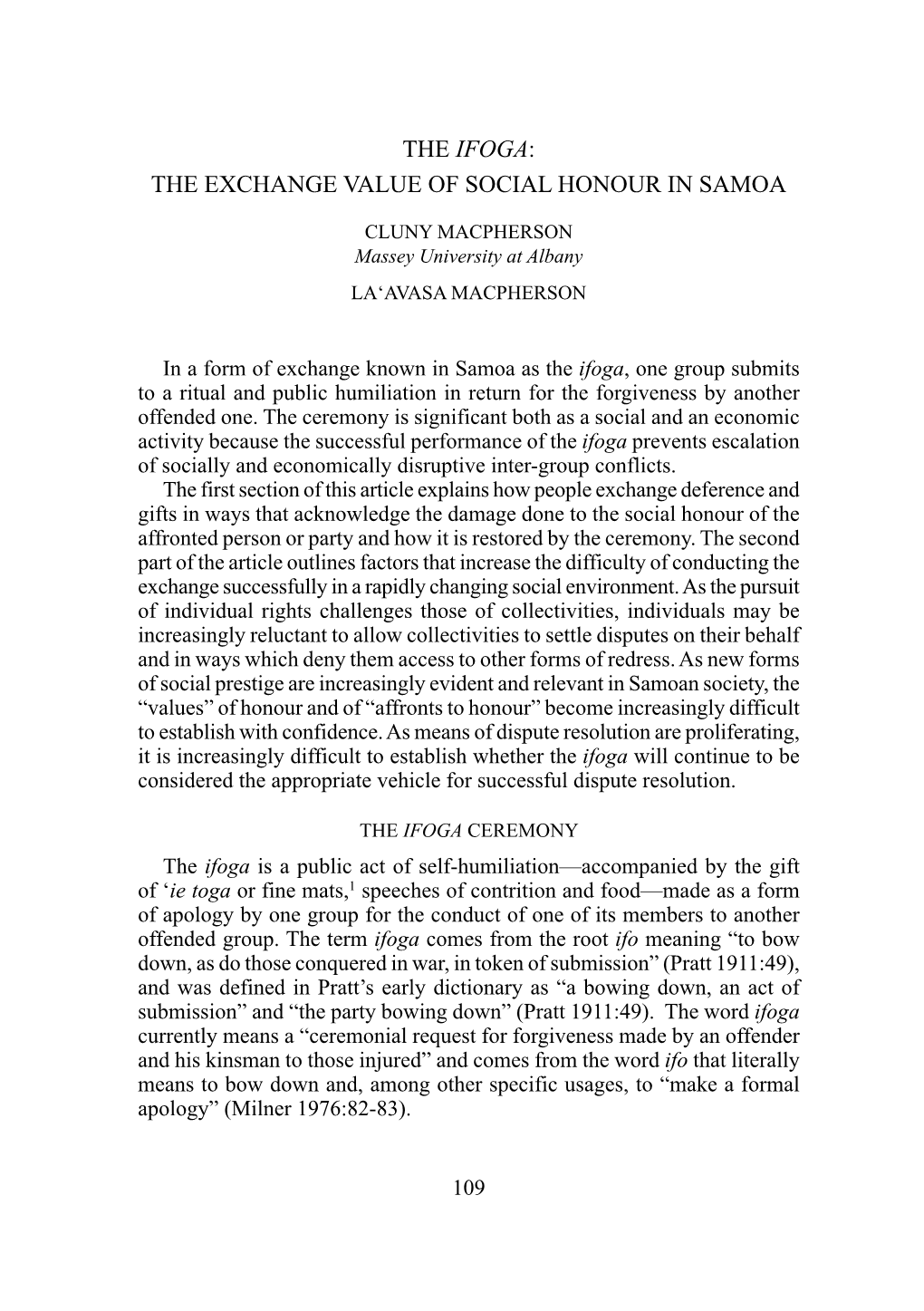 The Ifoga: the Exchange Value of Social Honour in Samoa