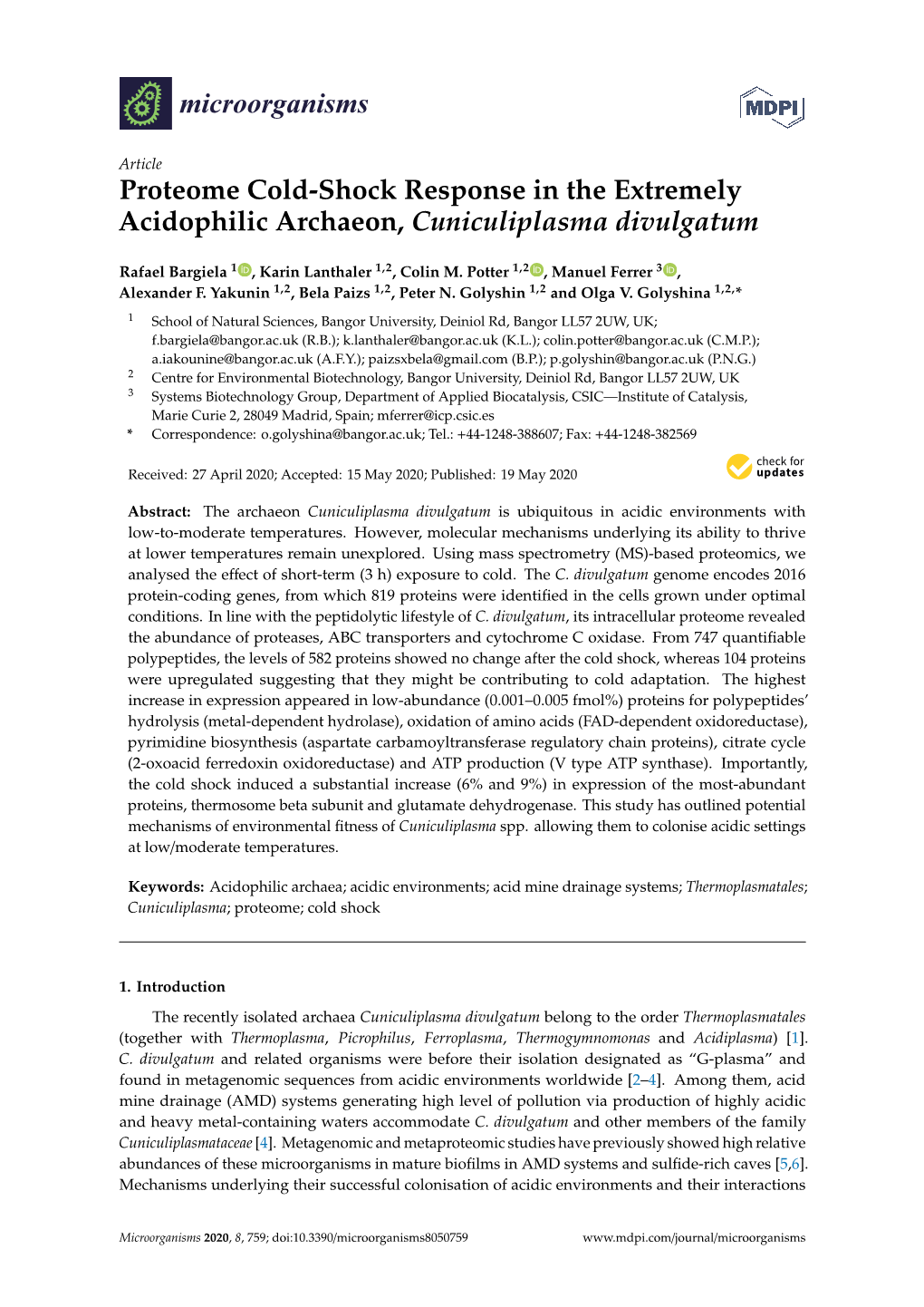 Proteome Cold-Shock Response in the Extremely Acidophilic Archaeon, Cuniculiplasma Divulgatum